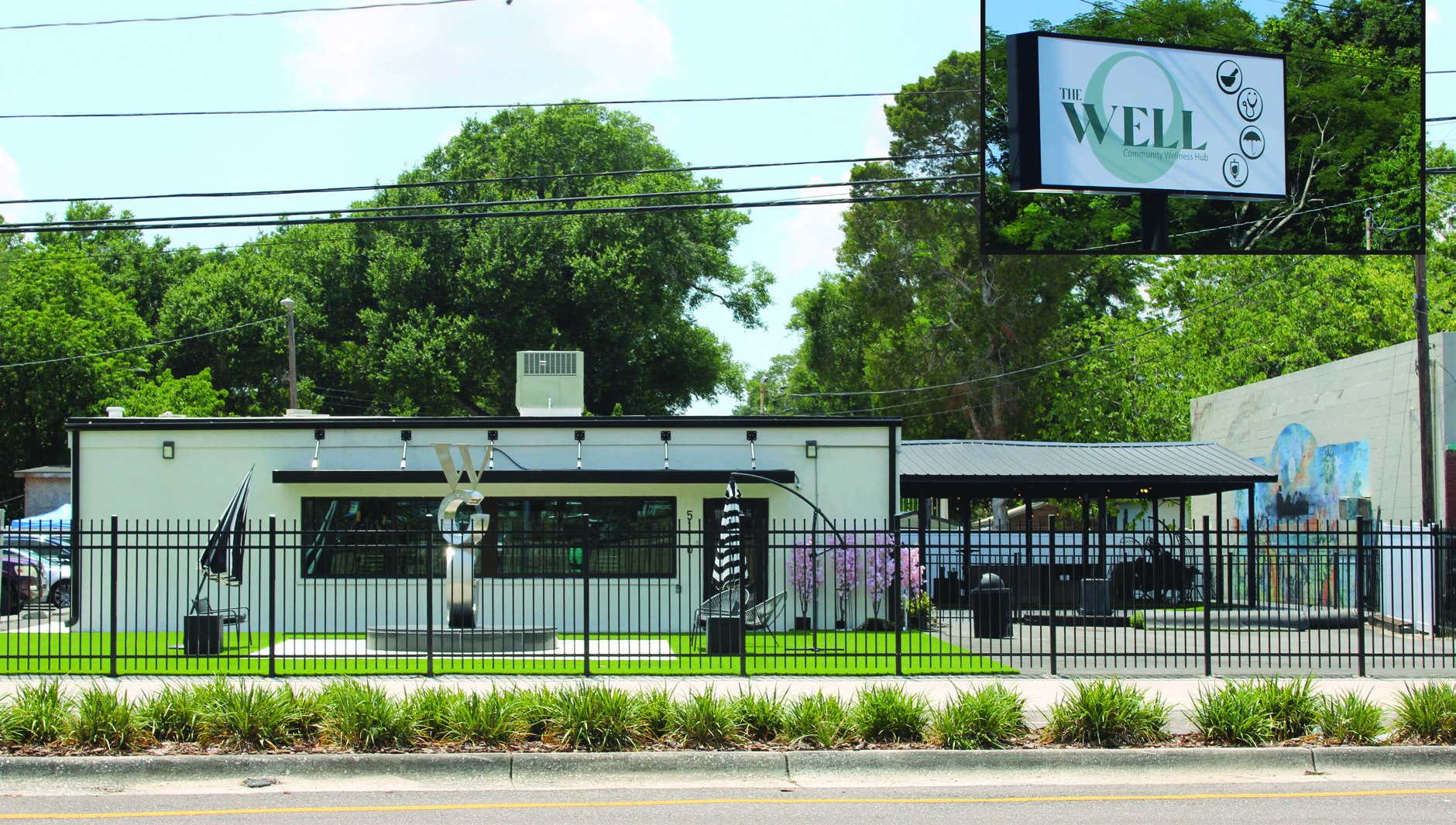 The Well Community Wellness Hub in East Tampa, a renovated former nightclub with a landscaped courtyard